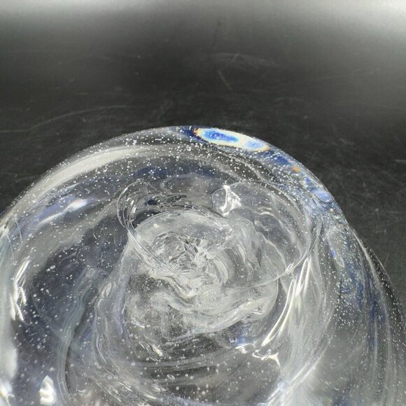 Vintage Hand Blown Art Glass Dish Bowl Clear With Blue Spots Hand Made Glass VTG - Picture 8 of 16